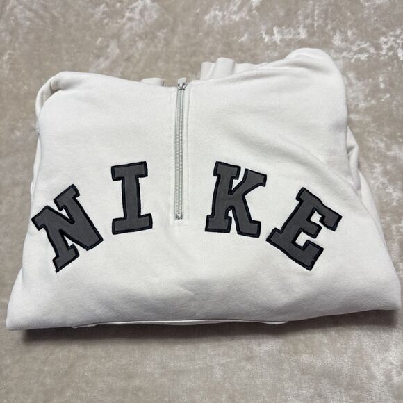 Vintage Nike Hoodie Mens L Beige 1/4 Zip Sweatshirt Y2K Spellout Silver Tag - Picture 1 of 13